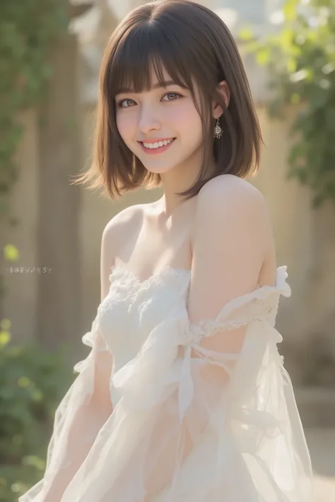 happy face of woman in white dress, black hair, Standing, Bang, Depict above the knee、