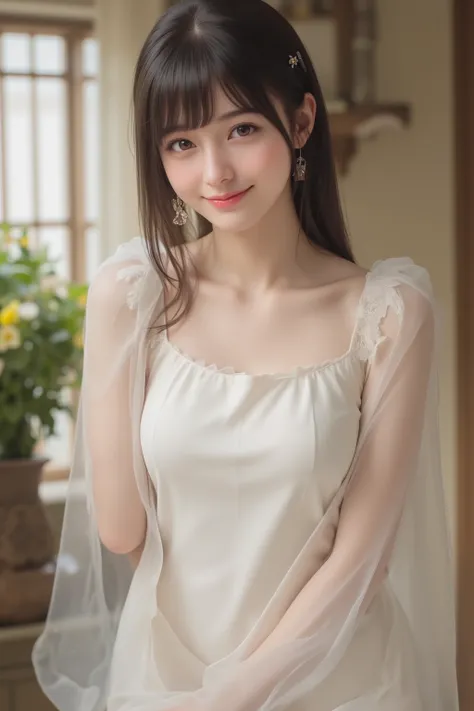 happy face of woman in white dress, black hair, Random hairstyle, Bang,standing in the teacher's house、Depicted from above the knee、