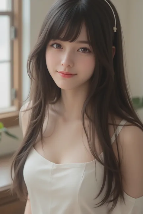 happy face of woman in white dress, black hair, Bang, standing in the teacher's house、Depicting the body from the knees up、