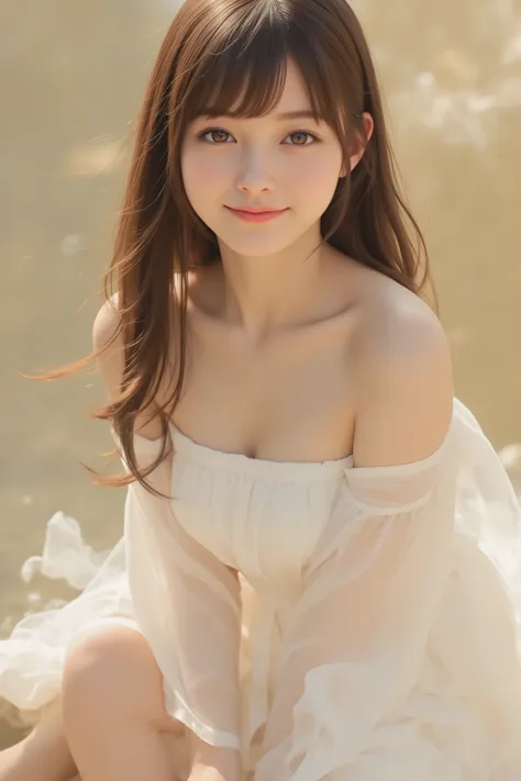 happy face of woman in white dress, black hair, hairstyle random, Bang, standing,from the knee up,