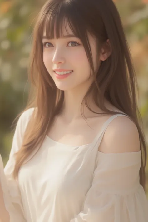 happy face of woman in white dress, black hair, hairstyle random, Bang, standing,from the knee up,