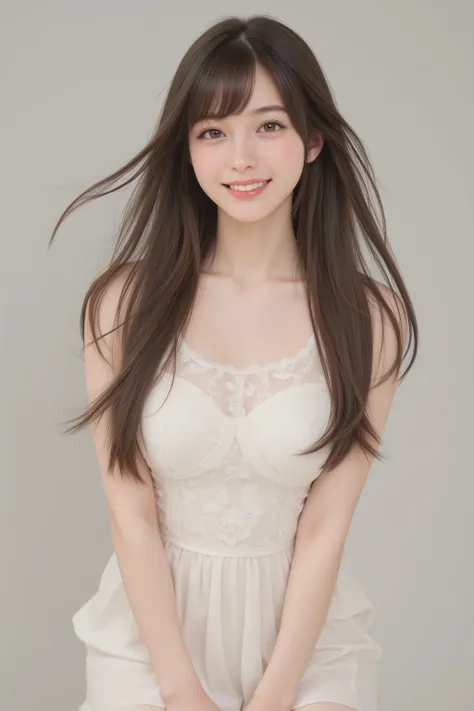 happy face of woman in white dress, black hair, hairstyle random, Bang, Eye, standing,Knee description,