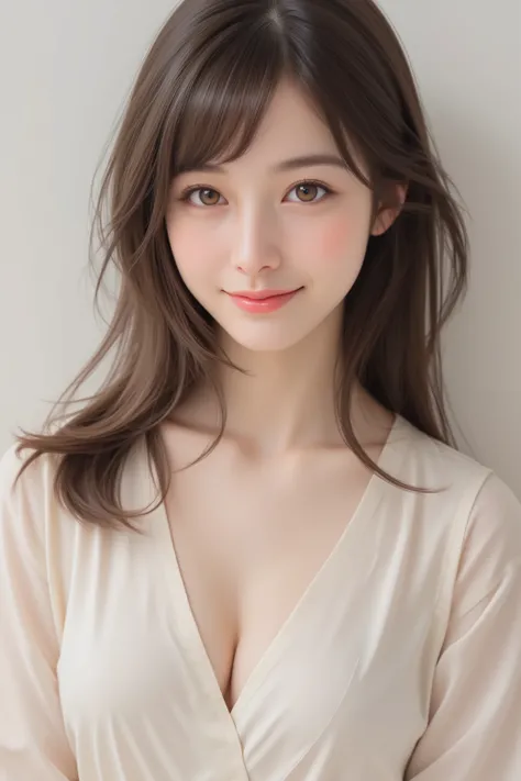 happy face of woman in white dress, black hair, hairstyle random, Bang, Eye, standing,Knee description,