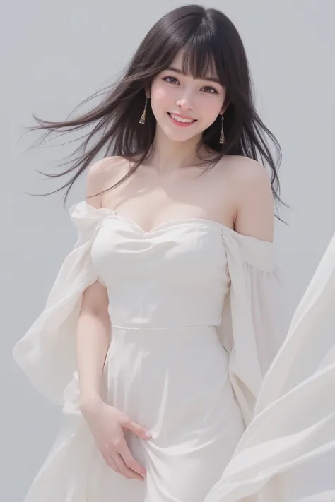 happy face of woman in white dress, black hair, Random hairstyle, Bang,standing,Drawing from the knees up,