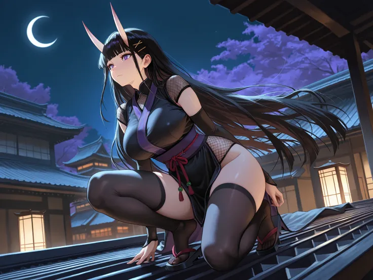 dynamic, score:9, score:10, 1girl, noshiro, purple eyes, black hair, very long hair, long straight black hair, glossy jet black hair, bangs, X hair clip, thin oni horns, smooth fair skin, detailed mature face, detailed eyes, deep purple eyes with gradient ...