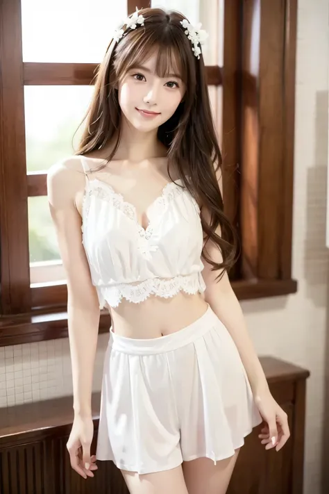 A woman with long hair and a white top is posing for a photo、 she says 、wearing a stylish white two-piece costume featuring a delicate lace pattern、look at the camera、Extremely beautiful eyes、smile、soft and gentle expression、Depicting the body from the kne...