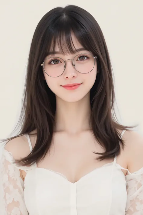 happy face of woman in white dress, black hair, hairstyle random, Bang, wearing glasses, standing,(Drawing from the knees up),