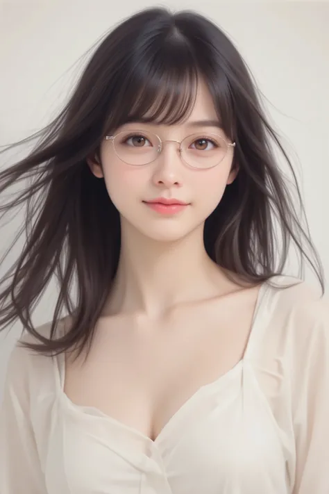 happy face of woman in white dress, black hair, hairstyle random, Bang, wearing glasses, standing,(Drawing from the knees up),