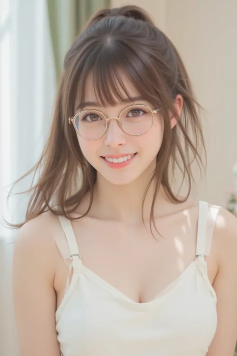 happy face of woman in white dress, black hair, Hair tie, Bang, wearing glasses, standing,(Depicting the body from the knees up),