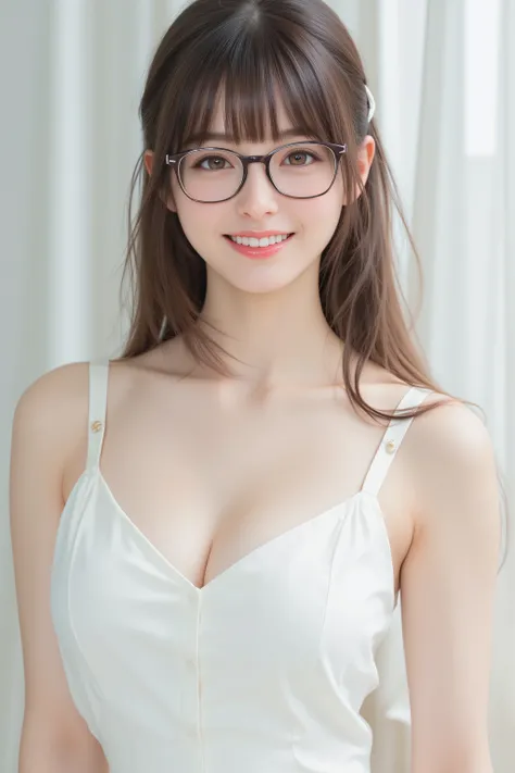 happy face of woman in white dress, black hair, Hair tie, Bang, wearing glasses, standing,(Depicting the body from the knees up),