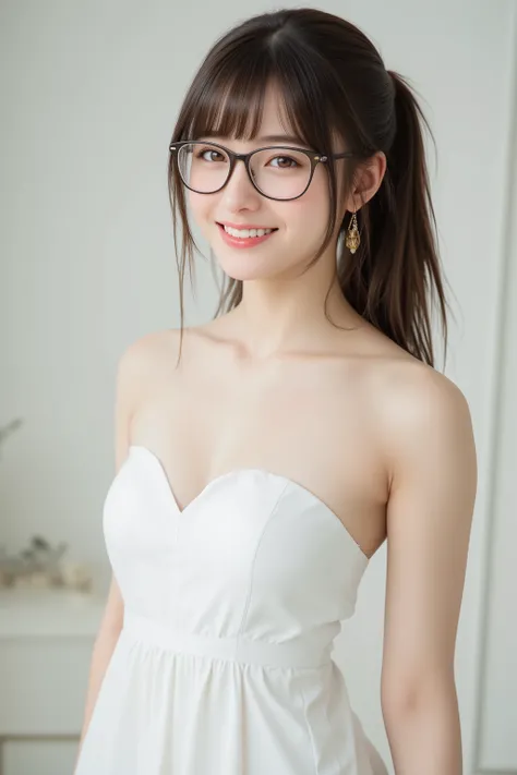 happy face of woman in white dress, black hair, Hair tie, Bang, wearing glasses, standing,(Depicting the body from the knees up),