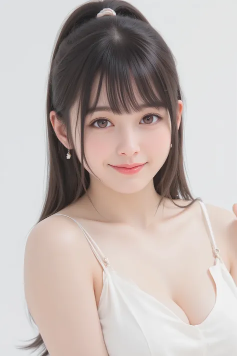 happy face of woman in white dress, black hair, Hair tie, Bang, wearing glasses, standing,((Depicting the body from the knees up)),