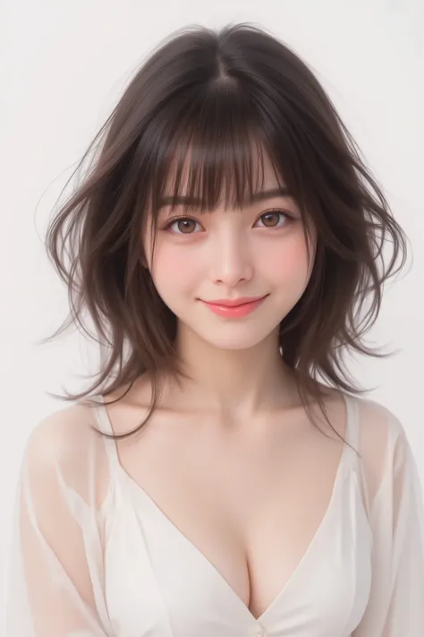 happy face of woman in white dress, black hair, Random hairstyle, Bang, standing,((Drawing from the knees up)),