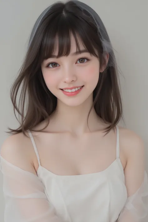 happy face of woman in white dress, black hair, hairstyle random, Bang, standing,(Depicting the body from the knees up),