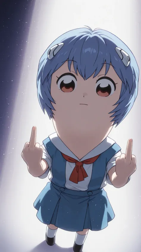 1girl , solo , ayanami rei , chibi , Pipimi (character), pipimi , ayanami in Pop Team Epic-style eXaggeration , full body , school uniform , looking at viewer , red eyes , expressionless , light blue short hair, bob cut , double middle finger , 
simple whi...