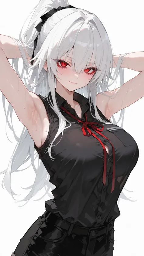 girl,white hair,red-eyed,ผมhundredหางม้า,hundred,high ponytail, Sharp gaze eye,Long Eyelashes, Big breasts,Black office shirt,Sleeveless,ribbon,BLACK SHORTS,standing,Lumbar, Middle breasts,slim,hundredผม,red-eyedสด,smile,Upper Body Shape,white background, ...