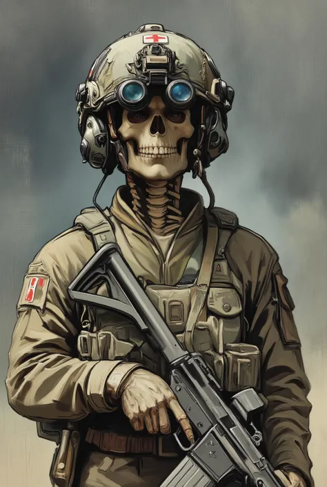 Skeleton, military uniform,wearing on head n0ds  dual-tube panoramic optical device two cylindrical lenses attached to the front of the helmet with integrated hearing protection, tubes over each eye socket, Alphonse Mucha Style, skeleton holding m4a1 assau...