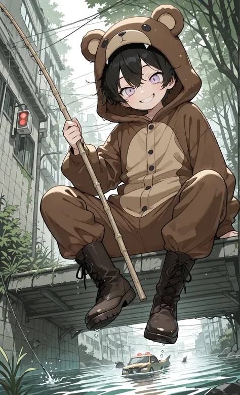 Kuma, masterpiece, best quality, ultra-detailed:1.3, chibi style, male, 1boy, solo, short black hair, lavender eyes, wearing brown bear onesie, bear hood, black boots, sitting cross-legged on roof of yellow car submerged in water, smiling with eyes closed,...