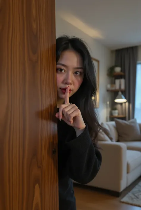 A woman peek around in front of a wooden closet door. Her hand is positioned vertically, with the index finger placed gently against her lips, suggesting a gesture of silence or secrecy. Behind her, a modern living area can be seen, a sofa, bookshelf, wind...