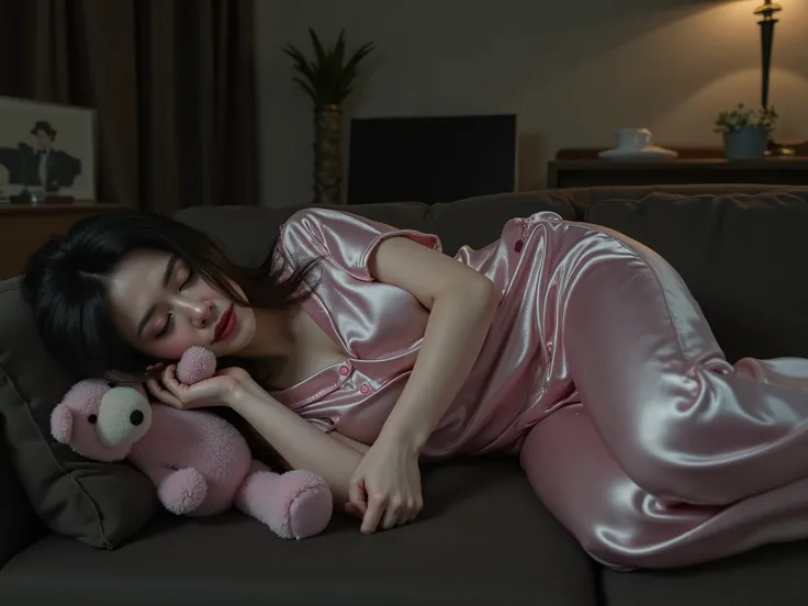 Surrealism painting art of close-up woman sleeping on the soffa in dark living room , she is wearing satin pijamas with button , sleeping tight aside pose holding pink teddybear 