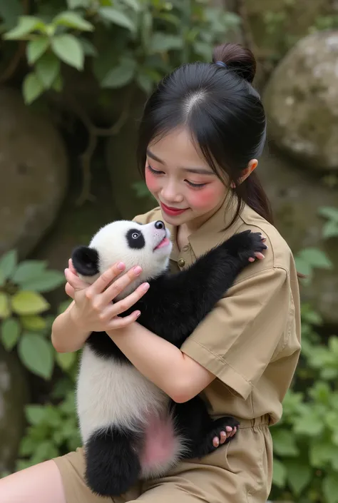 A cute zookeeper girl is holding a baby panda and feeding it milk from a bottle.