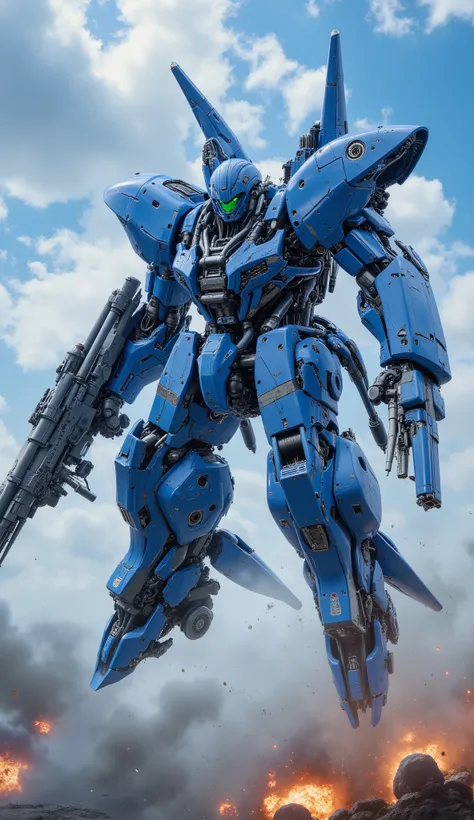 giant blue machine warrior flies through a sky with clouds, It features futuristic weapons. The sound of the machine's rotation and energy charging accompanies the sound of explosions in the distance, creates a fierce and powerful atmosphere