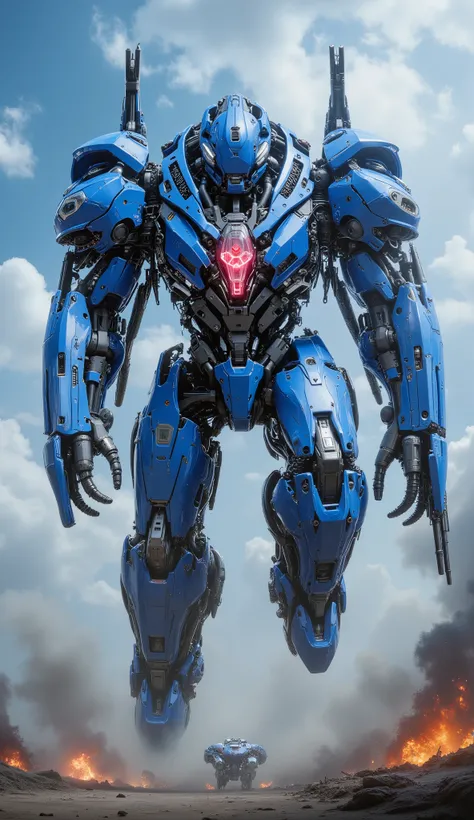 A real photo of a  giant blue machine warrior flies through a sky with clouds, It features futuristic weapons. At the middle of the chest there's V-shape crystal like structure glowing with red lights.The sound of the machine's rotation and energy charging...