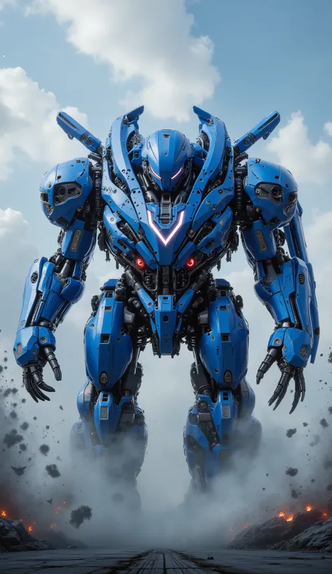 A real photo of a  giant blue machine warrior flies through a sky with clouds, It features futuristic weapons. At the middle of the chest there's big bold sharp letter V which glowing with red lights.The sound of the machine's rotation and energy charging ...