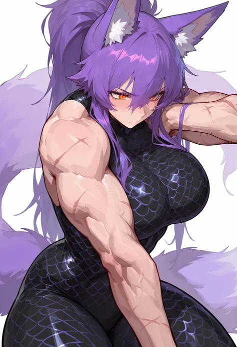 gorgeous kitsune girl, beautiful face, kitsune, purple color hair, orange eyes, slit pupils, detailed eyes, volputrous body, covered breasts, curvy and athletic, kitsune ears, ponytail hair, fox tail, strong, black bodysuit, scaly pattern on suit, dark pan...