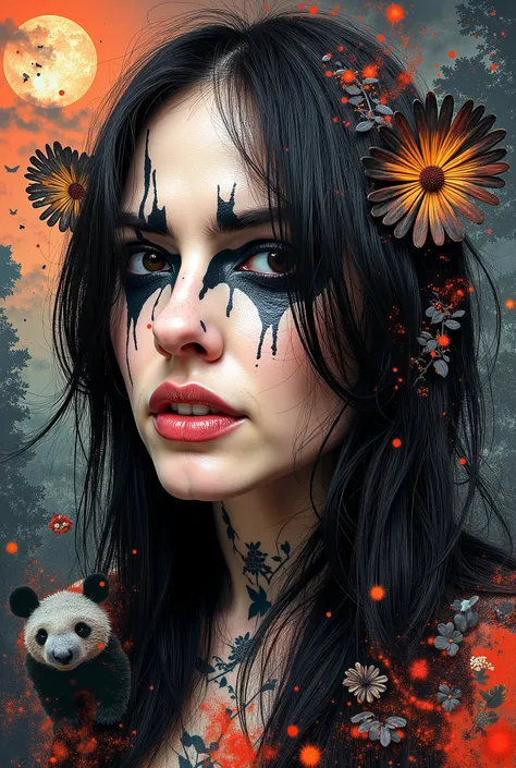 A woman's face in cubist art NFT 3D woodcut colored wicked witch destroyer haunted scenery rays with flashy rain panda black eyes Long hair,