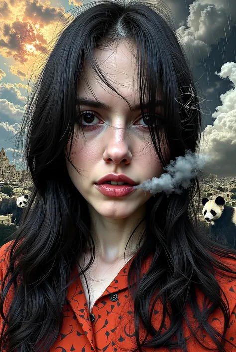 A woman's face in cubist art NFT 3D woodcut colored wicked witch destroyer haunted scenery rays with flashy rain panda black eyes Long hair,