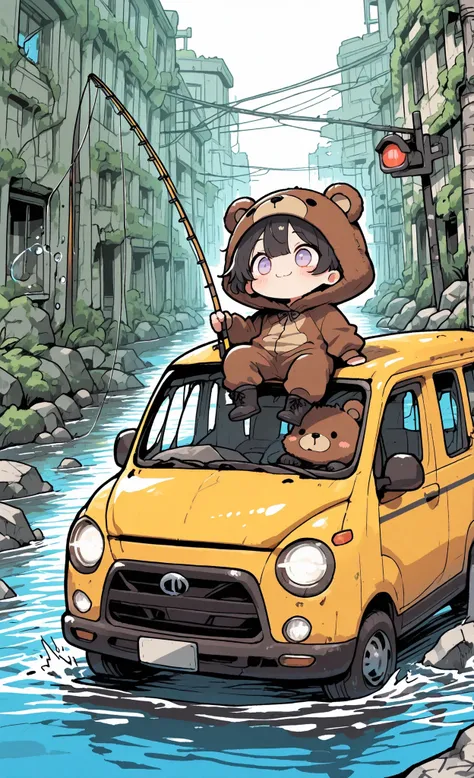 ultra-detailed, high detail, best quality, masterpiece, sharp focus, detailed shadows, vivid colors, Kuma, masterpiece, best quality, ultra-detailed:1.3, chibi style, male, 1boy, solo, short black hair, lavender eyes, wearing brown bear onesie, bear hood, ...