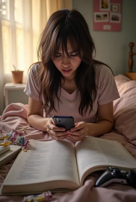 ultra-detailed, highres, masterpiece, hyperrealistic environmental portrait of procrastinating teenage girl with guilty expression and nervous energy, captured in moment of distraction in bedroom just 24 hours before major exam, wearing comfortable lounge ...