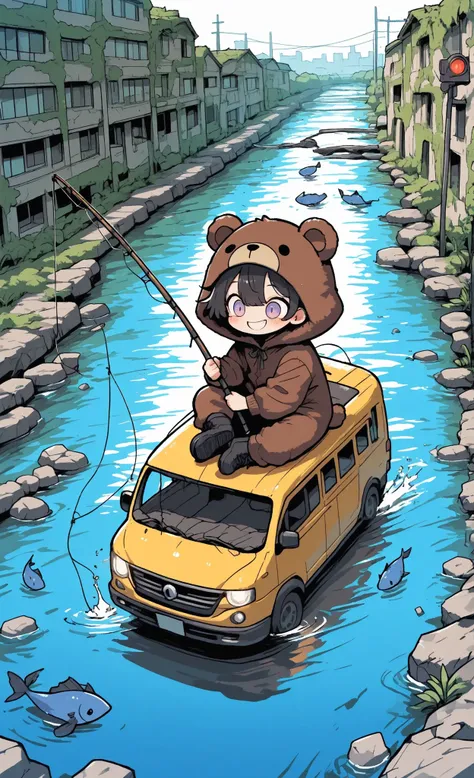 toon (style),ultra-detailed, high detail, best quality, masterpiece, sharp focus, detailed shadows, vivid colors, Kuma, masterpiece, best quality, ultra-detailed:1.3, male, 1boy, solo, short black hair, lavender eyes, wearing brown bear onesie, bear hood, ...