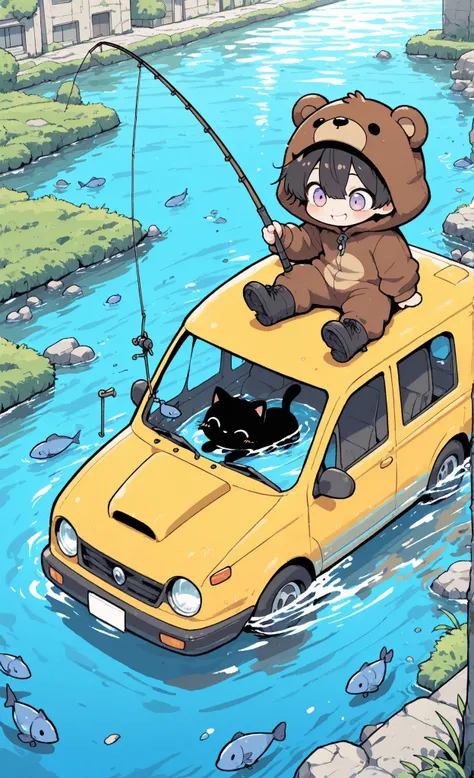 CuteToon_ST, ultra-detailed, high detail, best quality, masterpiece, sharp focus, detailed shadows, vivid colors, Kuma, masterpiece, best quality, ultra-detailed:1.3, male, 1boy, solo, short black hair, lavender eyes, wearing brown bear onesie, bear hood, ...