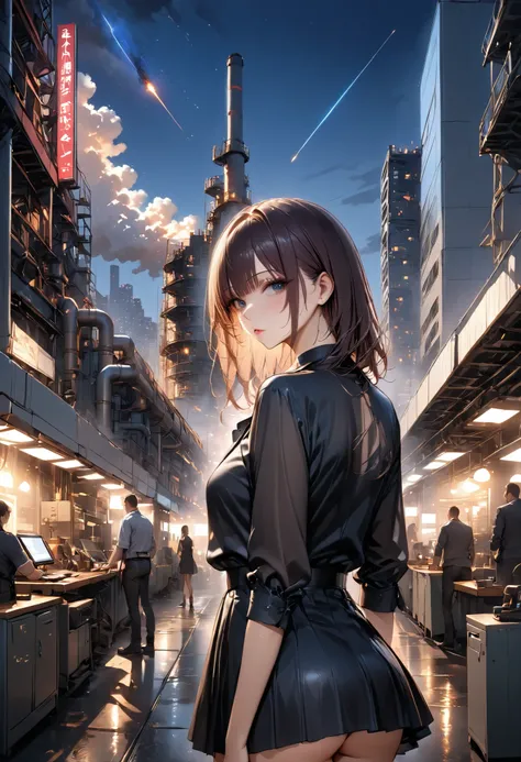 skyscrapersからGirl watching 、skyscrapers、The factory in front of you、Factory night view、一面のFactory night view、pipe、It looks like a jewel、Illuminations by llena de va、Girl watching 、meteor、空から降り注ぐmeteor、無数のmeteor群、masterpiece、fuill body ,best quality