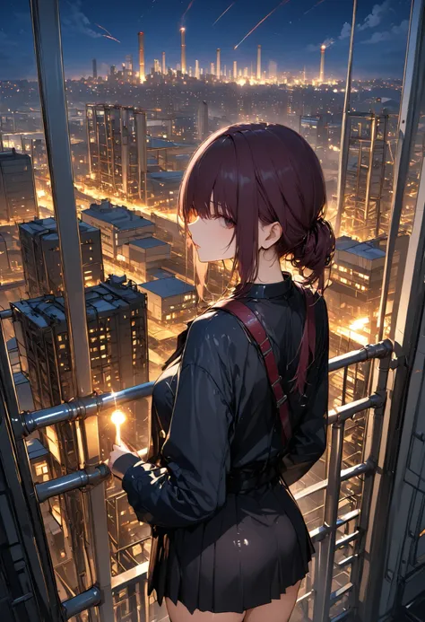 skyscrapersからGirl watching 、skyscrapers、The factory in front of you、Factory night view、一面のFactory night view、pipe、It looks like a jewel、Illuminations by llena de va、Girl watching 、meteor、空から降り注ぐmeteor、無数のmeteor群、masterpiece、fuill body ,best quality