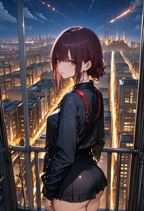 skyscrapersからGirl watching 、skyscrapers、The factory in front of you、Factory night view、一面のFactory night view、pipe、It looks like a jewel、Illuminations by llena de va、Girl watching 、meteor、空から降り注ぐmeteor、無数のmeteor群、masterpiece、fuill body ,best quality