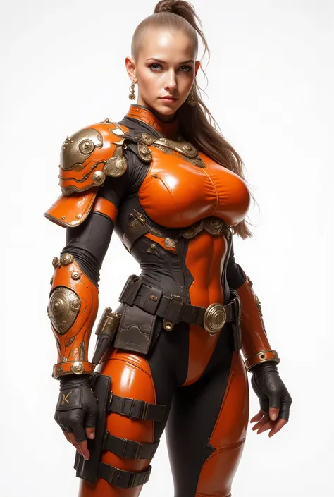 full body image Photorealistic adult warrior 18 years old girl, bald head high arched eyebrows in a thick side braid, light eyes, subtle glam makeup ;clean unmarked skin; confident, stoic expression. Outfit: glossy black fitted orange leather/metal tactic...