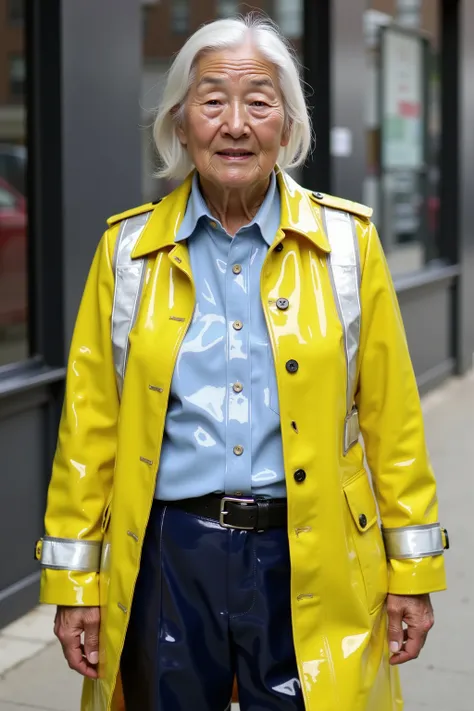 a 87 year old ugly woman with extensive wrinkles, very elderly, wearing a dirty yellow PVCbtntcoat25 with asianpv white high visibility stripes and translucent stripes on the sleeves showing her arms, the woman wears a soft light blue rubber shirt and dark...