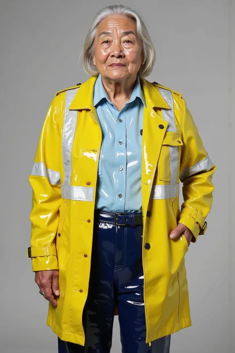 a 87 year old ugly woman with extensive wrinkles, very elderly, wearing a dirty yellow PVCbtntcoat25 with asianpv white high visibility stripes and translucent stripes on the sleeves showing her arms, the woman wears a soft light blue rubber shirt and dark...