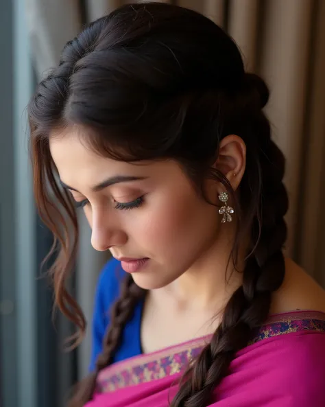 ashk, Photographed from side, An Ultra-realistic cinematic close-up portrait of a 20-year-old Indian girl with dark groomed brows, light soft eyeshadow, long curled lashes, rosy pink blush, muted berry-pink lips. Her hairs are long, brown, wavy and styled ...
