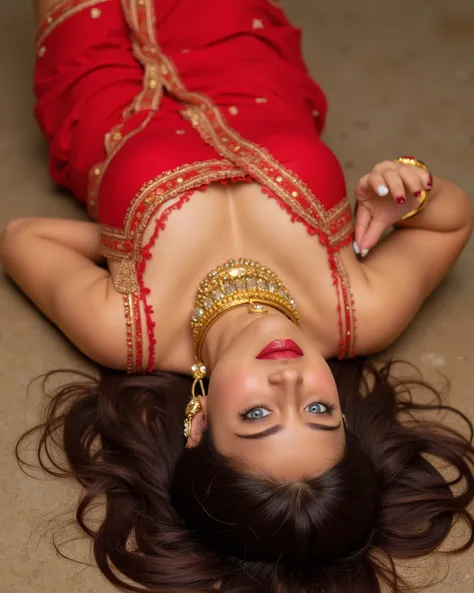 ashk, A full body image of a 20-year-old Indian girl with smiling look, fair skin tone, light grey eyes, fox eyelashes, thin eyebrows, black eye liner, silver eyeshadow, natural blush, and red lipstick. Her hairs are long, brown, wavy and stylish. She is w...