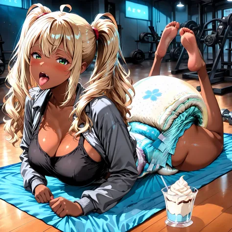 (front view), (from front), (closed-up:1.3), in the afternoon, indoors, (in the gym), at night, perfect anatomy, (4 fingers, (1 thumb)), solo,1 girl, (petie), (looking at viewer), exhausted, open mouth,  tongue out, (blush:0.8), (laying on stomach, stretch...