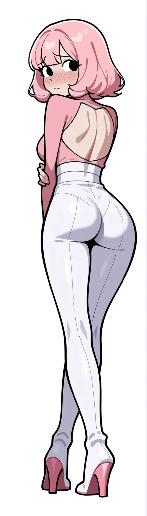 ((2d)),(cartoon style),meme, parody, medium breasts,, ass, back, rear view, full body in view, ( shy)))white background,cut pink hair
