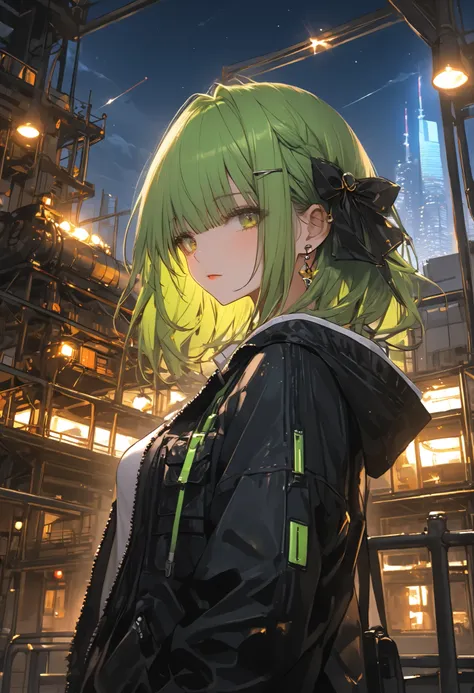 skyscrapersからGirl watching 、1 girl、skyscrapers、The factory in front of you、Factory night view、一面のFactory night view、pipe、Like a jewel box、Illuminations by llena de va、Girl watching 、無数のpipeやタンク、steel structure、like a huge fortress、bright orange and green s...