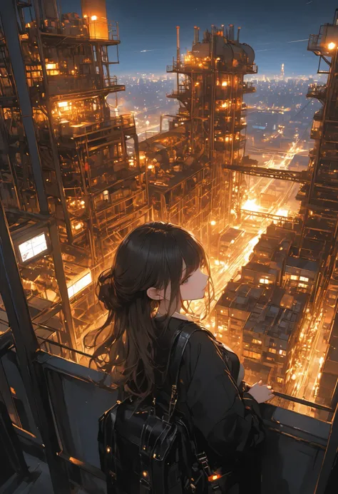 skyscrapersからGirl watching 、1 girl、skyscrapers、The factory in front of you、Factory night view、一面のFactory night view、pipe、Like a jewel box、Illuminations by llena de va、Girl watching 、無数のpipeやタンク、steel structure、like a huge fortress、The bright orange or whit...