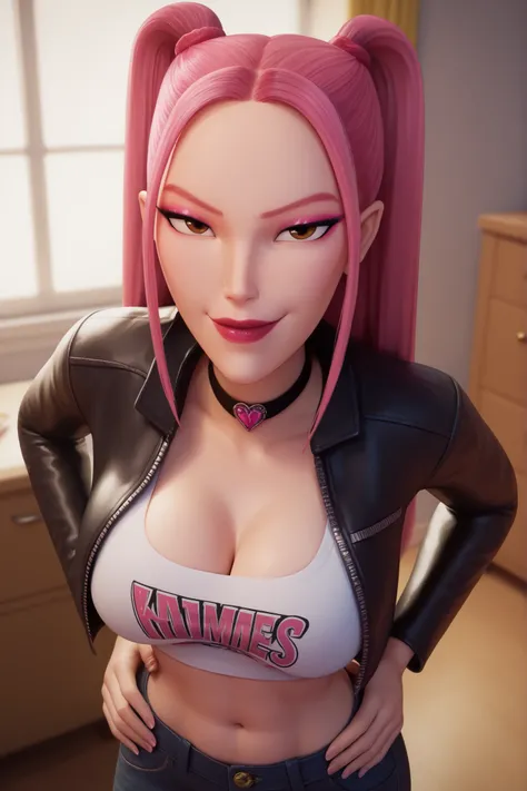 BREAK, score_6_up, score_7_up, score_8_up, score_9, 1girl, solo, kpdh_m1ra, long hair, dark pink hair, brown eyes, twintails, black choker, lipstick, makeup, official KPop Demon Hunters aesthetic, large breasts, busty, cleavage, curvy, athletic, looking at...