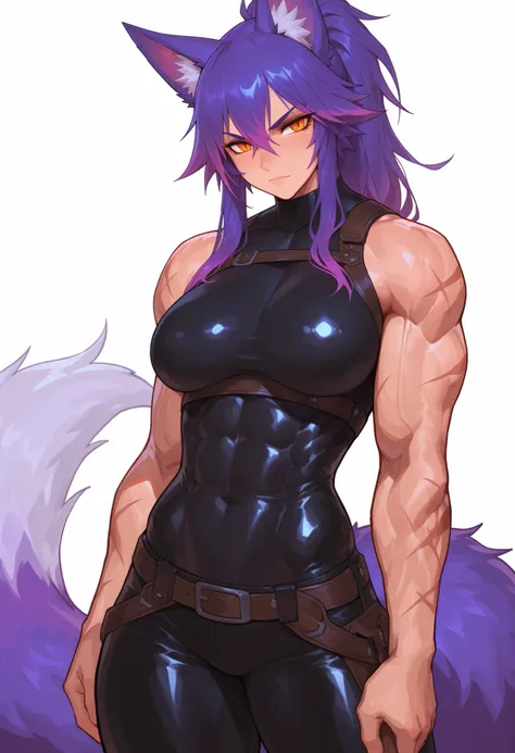gorgeous kitsune girl, beautiful face, kitsune, adult woman, purple color hair, hunter girl, orange eyes, slit pupils, detailed eyes, personalami style, volputrous body, covered breasts, curvy and athletic, kitsune ears, ponytail hair, fox tail, black body...