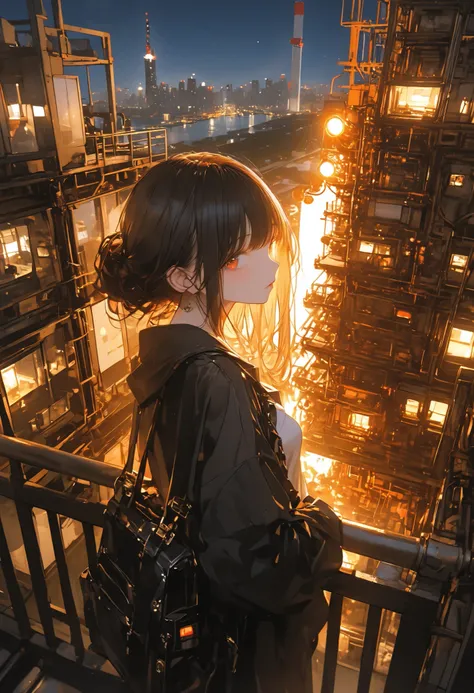 skyscrapersからGirl watching 、1 girl、skyscrapers、The factory in front of you、Factory night view、一面のFactory night view、pipe、Like a jewel box、Illuminations by llena de va、Girl watching 、無数のpipeやタンク、pipeから蒸気が吹き出す、steel structure、like a huge fortress、The bright ...